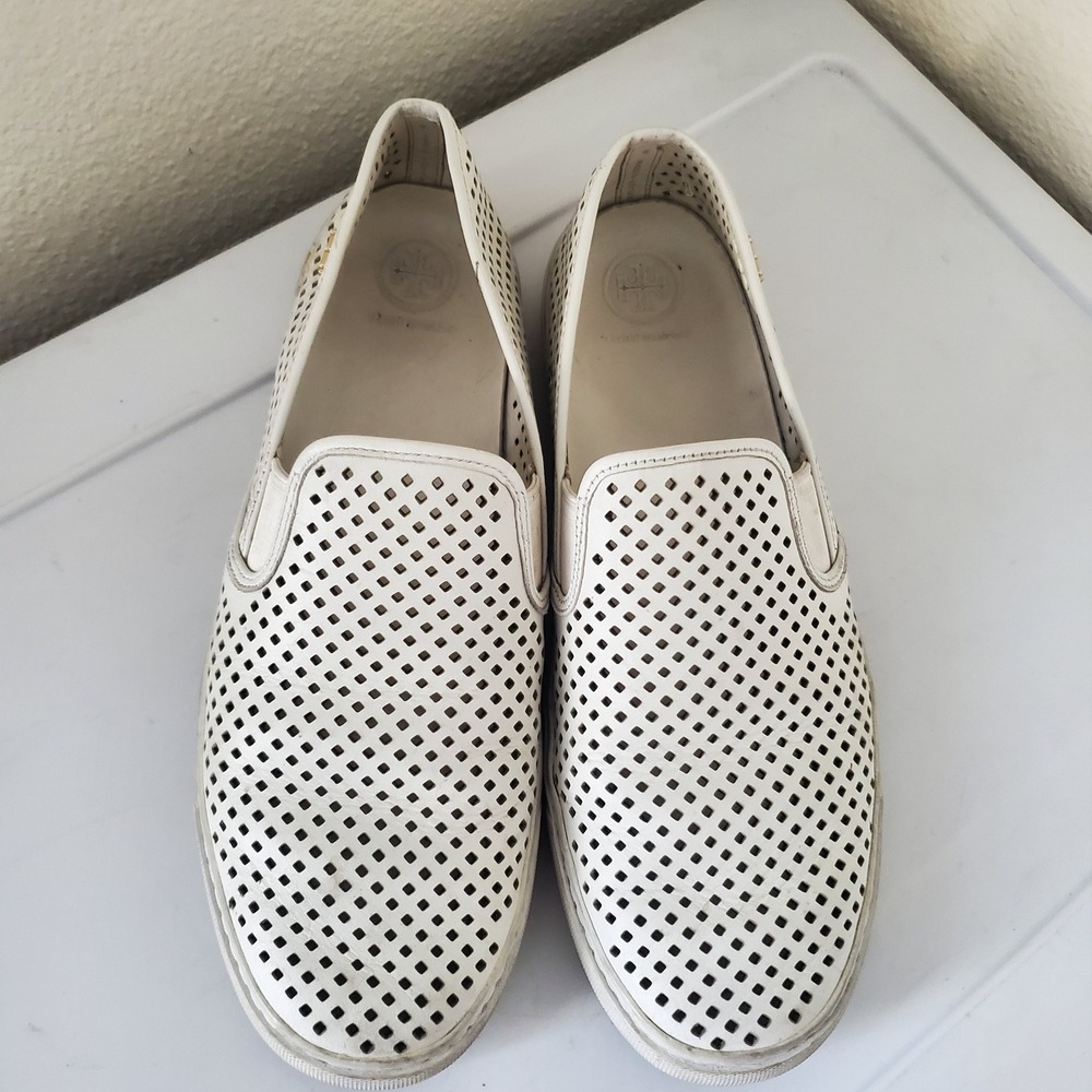 Tory Burch White Perforated Leather Slip On Sneakers Shoes Women's Size 9m